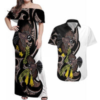 New Zealand Valentines Day Couples Matching Off Shoulder Maxi Dress and Hawaiian Shirt Piwakawaka Lovers Maori Koru Tattoo LT14 Black - Polynesian Pride