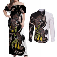 New Zealand Valentines Day Couples Matching Off Shoulder Maxi Dress and Long Sleeve Button Shirt Piwakawaka Lovers Maori Koru Tattoo LT14 Black - Polynesian Pride