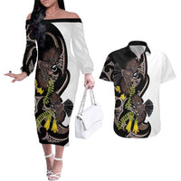 New Zealand Valentines Day Couples Matching Off The Shoulder Long Sleeve Dress and Hawaiian Shirt Piwakawaka Lovers Maori Koru Tattoo LT14 Black - Polynesian Pride