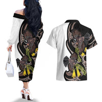 New Zealand Valentines Day Couples Matching Off The Shoulder Long Sleeve Dress and Hawaiian Shirt Piwakawaka Lovers Maori Koru Tattoo LT14 - Polynesian Pride