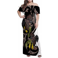 New Zealand Valentines Day Family Matching Off Shoulder Maxi Dress and Hawaiian Shirt Piwakawaka Lovers Maori Koru Tattoo LT14 Mom's Dress Black - Polynesian Pride