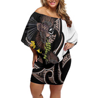 New Zealand Valentines Day Off Shoulder Short Dress Piwakawaka Lovers Maori Koru Tattoo LT14 Women Black - Polynesian Pride
