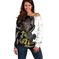 New Zealand Valentines Day Off Shoulder Sweater Piwakawaka Lovers Maori Koru Tattoo LT14 Women Black - Polynesian Pride