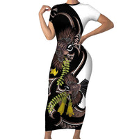 New Zealand Valentines Day Short Sleeve Bodycon Dress Piwakawaka Lovers Maori Koru Tattoo LT14 Long Dress Black - Polynesian Pride