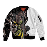 New Zealand Valentines Day Sleeve Zip Bomber Jacket Piwakawaka Lovers Maori Koru Tattoo LT14 Unisex Black - Polynesian Pride