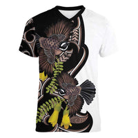 New Zealand Valentines Day Women V-Neck T-Shirt Piwakawaka Lovers Maori Koru Tattoo LT14 Female Black - Polynesian Pride