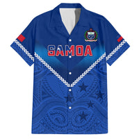 Custom Samoa Rugby Family Matching Off Shoulder Short Dress and Hawaiian Shirt 2023 Go Manu Samoa LT14 Dad's Shirt - Short Sleeve Blue - Polynesian Pride