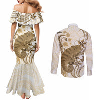 Brown And White Hawaii Chameleon Couples Matching Mermaid Dress and Long Sleeve Button Shirt Plumeria Polynesian Tribal Art LT14 - Polynesian Pride