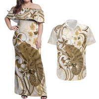 Brown And White Hawaii Chameleon Couples Matching Off Shoulder Maxi Dress and Hawaiian Shirt Plumeria Polynesian Tribal Art LT14 Brown - Polynesian Pride