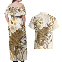 Brown And White Hawaii Chameleon Couples Matching Off Shoulder Maxi Dress and Hawaiian Shirt Plumeria Polynesian Tribal Art LT14 - Polynesian Pride
