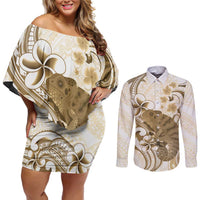 Brown And White Hawaii Chameleon Couples Matching Off Shoulder Short Dress and Long Sleeve Button Shirt Plumeria Polynesian Tribal Art LT14 Brown - Polynesian Pride