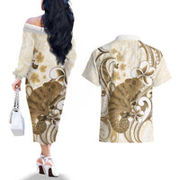 Brown And White Hawaii Chameleon Couples Matching Off The Shoulder Long Sleeve Dress and Hawaiian Shirt Plumeria Polynesian Tribal Art LT14 - Polynesian Pride