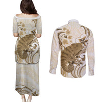 Brown And White Hawaii Chameleon Couples Matching Puletasi and Long Sleeve Button Shirt Plumeria Polynesian Tribal Art LT14 - Polynesian Pride