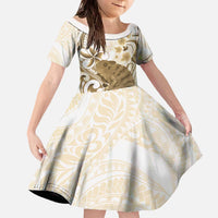 Brown And White Hawaii Chameleon Family Matching Off The Shoulder Long Sleeve Dress and Hawaiian Shirt Plumeria Polynesian Tribal Art LT14 Daughter's Dress Brown - Polynesian Pride