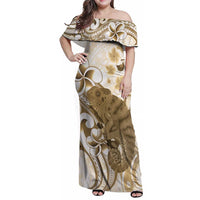 Brown And White Hawaii Chameleon Family Matching Off Shoulder Maxi Dress and Hawaiian Shirt Plumeria Polynesian Tribal Art LT14 Mom's Dress Brown - Polynesian Pride