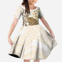 Brown And White Hawaii Chameleon Family Matching Puletasi and Hawaiian Shirt Plumeria Polynesian Tribal Art LT14 Daughter's Dress Brown - Polynesian Pride