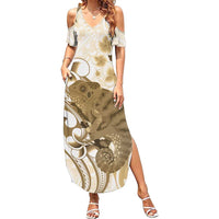 Brown And White Hawaii Chameleon Family Matching Summer Maxi Dress and Hawaiian Shirt Plumeria Polynesian Tribal Art LT14 Mom's Dress Brown - Polynesian Pride