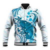 Cyan And White Hawaii Chameleon Baseball Jacket Plumeria Polynesian Tribal Art