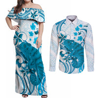 Cyan And White Hawaii Chameleon Couples Matching Off Shoulder Maxi Dress and Long Sleeve Button Shirt Plumeria Polynesian Tribal Art LT14 Cyan - Polynesian Pride