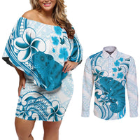 Cyan And White Hawaii Chameleon Couples Matching Off Shoulder Short Dress and Long Sleeve Button Shirt Plumeria Polynesian Tribal Art LT14 Cyan - Polynesian Pride