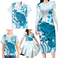 Cyan And White Hawaii Chameleon Family Matching Long Sleeve Bodycon Dress and Hawaiian Shirt Plumeria Polynesian Tribal Art LT14 - Polynesian Pride