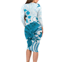 Cyan And White Hawaii Chameleon Family Matching Long Sleeve Bodycon Dress and Hawaiian Shirt Plumeria Polynesian Tribal Art LT14 - Polynesian Pride