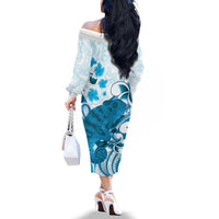 Cyan And White Hawaii Chameleon Family Matching Off The Shoulder Long Sleeve Dress and Hawaiian Shirt Plumeria Polynesian Tribal Art LT14 - Polynesian Pride