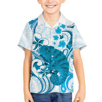 Cyan And White Hawaii Chameleon Family Matching Off The Shoulder Long Sleeve Dress and Hawaiian Shirt Plumeria Polynesian Tribal Art LT14 Son's Shirt Cyan - Polynesian Pride