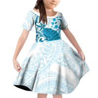 Cyan And White Hawaii Chameleon Family Matching Off Shoulder Short Dress and Hawaiian Shirt Plumeria Polynesian Tribal Art LT14 Daughter's Dress Cyan - Polynesian Pride