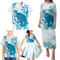 Cyan And White Hawaii Chameleon Family Matching Puletasi and Hawaiian Shirt Plumeria Polynesian Tribal Art LT14 - Polynesian Pride