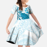 Cyan And White Hawaii Chameleon Family Matching Short Sleeve Bodycon Dress and Hawaiian Shirt Plumeria Polynesian Tribal Art LT14 Daughter's Dress Cyan - Polynesian Pride