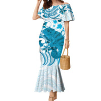 Cyan And White Hawaii Chameleon Mermaid Dress Plumeria Polynesian Tribal Art LT14 Women Cyan - Polynesian Pride