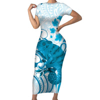Cyan And White Hawaii Chameleon Short Sleeve Bodycon Dress Plumeria Polynesian Tribal Art LT14 Long Dress Cyan - Polynesian Pride