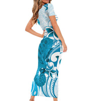 Cyan And White Hawaii Chameleon Short Sleeve Bodycon Dress Plumeria Polynesian Tribal Art LT14 - Polynesian Pride