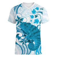 Cyan And White Hawaii Chameleon Women V-Neck T-Shirt Plumeria Polynesian Tribal Art LT14 Female Cyan - Polynesian Pride