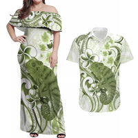 Green And White Hawaii Chameleon Couples Matching Off Shoulder Maxi Dress and Hawaiian Shirt Plumeria Polynesian Tribal Art LT14 Lime Green - Polynesian Pride