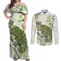 Green And White Hawaii Chameleon Couples Matching Off Shoulder Maxi Dress and Long Sleeve Button Shirt Plumeria Polynesian Tribal Art LT14 Lime Green - Polynesian Pride