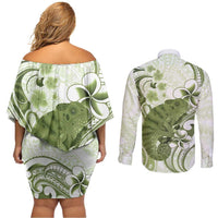 Green And White Hawaii Chameleon Couples Matching Off Shoulder Short Dress and Long Sleeve Button Shirt Plumeria Polynesian Tribal Art LT14 - Polynesian Pride
