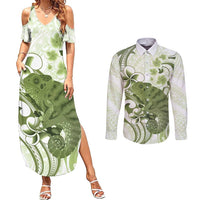 Green And White Hawaii Chameleon Couples Matching Summer Maxi Dress and Long Sleeve Button Shirt Plumeria Polynesian Tribal Art LT14 Lime Green - Polynesian Pride