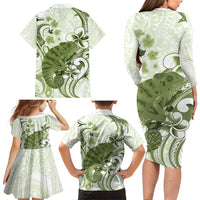 Green And White Hawaii Chameleon Family Matching Long Sleeve Bodycon Dress and Hawaiian Shirt Plumeria Polynesian Tribal Art LT14 - Polynesian Pride