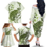 Green And White Hawaii Chameleon Family Matching Off The Shoulder Long Sleeve Dress and Hawaiian Shirt Plumeria Polynesian Tribal Art LT14 - Polynesian Pride