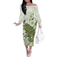 Green And White Hawaii Chameleon Family Matching Off The Shoulder Long Sleeve Dress and Hawaiian Shirt Plumeria Polynesian Tribal Art LT14 Mom's Dress Lime Green - Polynesian Pride