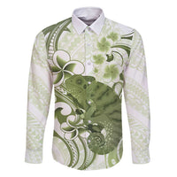 Green And White Hawaii Chameleon Family Matching Summer Maxi Dress and Hawaiian Shirt Plumeria Polynesian Tribal Art LT14 Dad's Shirt - Long Sleeve Lime Green - Polynesian Pride