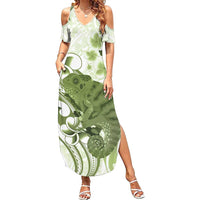 Green And White Hawaii Chameleon Family Matching Summer Maxi Dress and Hawaiian Shirt Plumeria Polynesian Tribal Art LT14 Mom's Dress Lime Green - Polynesian Pride