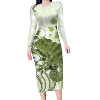 Green And White Hawaii Chameleon Long Sleeve Bodycon Dress Plumeria Polynesian Tribal Art LT14 Long Dress Lime Green - Polynesian Pride