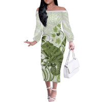 Green And White Hawaii Chameleon Off The Shoulder Long Sleeve Dress Plumeria Polynesian Tribal Art LT14 Women Lime Green - Polynesian Pride