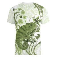 Green And White Hawaii Chameleon Women V-Neck T-Shirt Plumeria Polynesian Tribal Art LT14 - Polynesian Pride