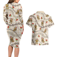 Beige Palaka Hawaii Mele Kalikimaka Couples Matching Long Sleeve Bodycon Dress and Hawaiian Shirt Ohia Lehua Shell Leis Funny Gingerbread Santa LT14 - Polynesian Pride