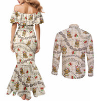 Beige Palaka Hawaii Mele Kalikimaka Couples Matching Mermaid Dress and Long Sleeve Button Shirt Ohia Lehua Shell Leis Funny Gingerbread Santa LT14 - Polynesian Pride