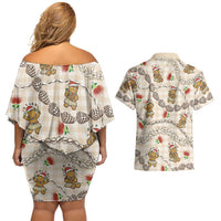 Beige Palaka Hawaii Mele Kalikimaka Couples Matching Off Shoulder Short Dress and Hawaiian Shirt Ohia Lehua Shell Leis Funny Gingerbread Santa LT14 - Polynesian Pride